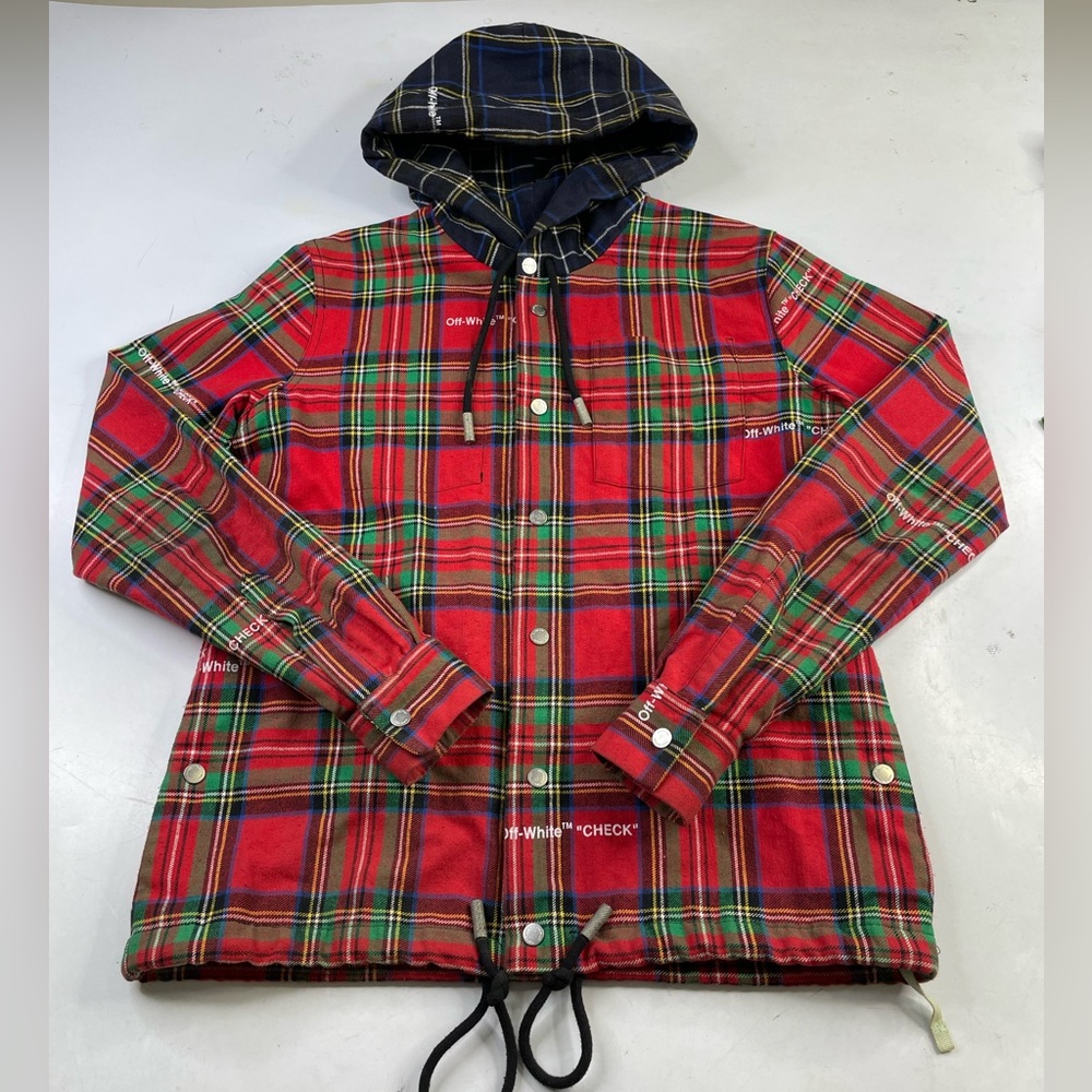 Off-White C/O Virgil Abloh Hooded Flannel Plaid Check Shirt Jacket